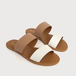 Lulu’s Time to Chill Light Nude and White Slide Sandals